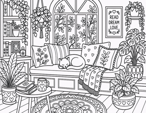 Window Seat Sleeping Cat Houseplants