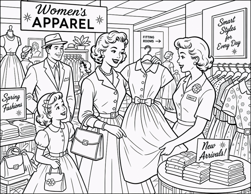 Women’s Apparel Store Coloring Page, Sally Shows the New Arrivals
