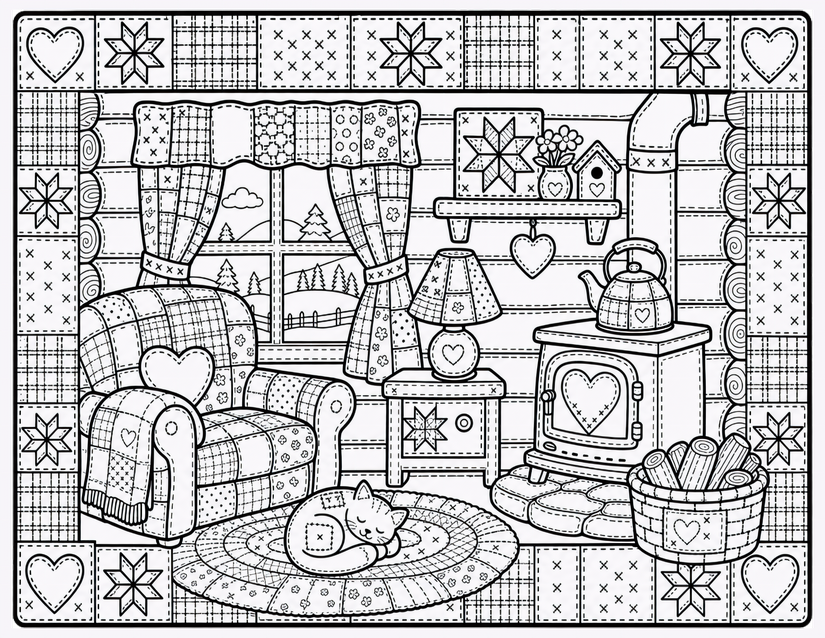Wood Stove Living Room Coloring Page, Cat Napping on a Round Rug
