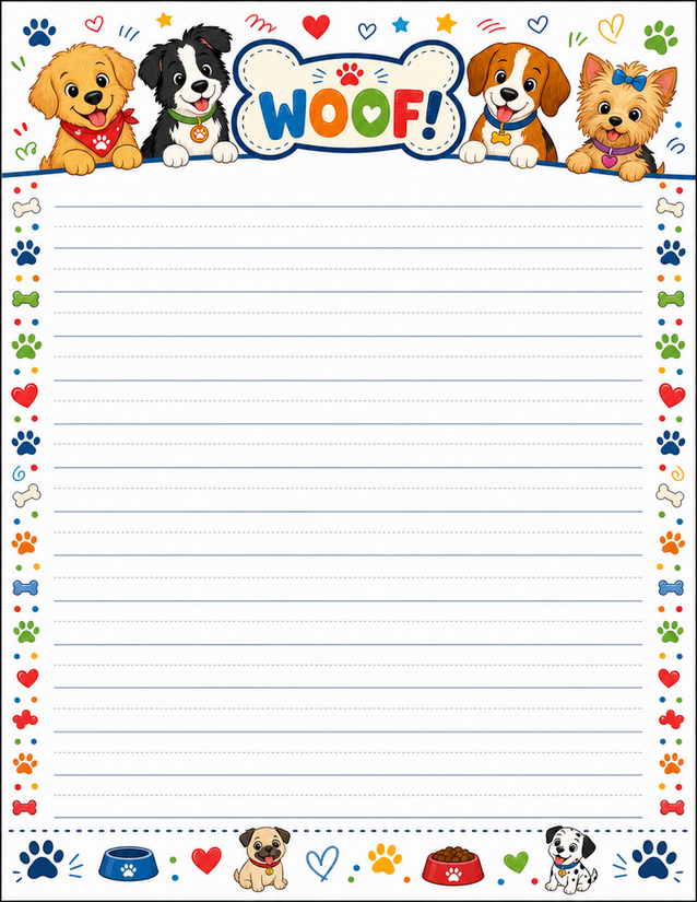 Woof Dogs Handwriting Paper, Four Puppies and Paw Print Borders