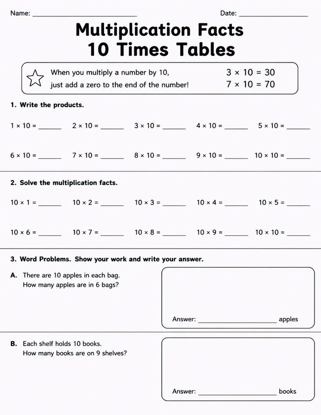 10 Times Tables Worksheet, Multiplication Facts with Word Problems