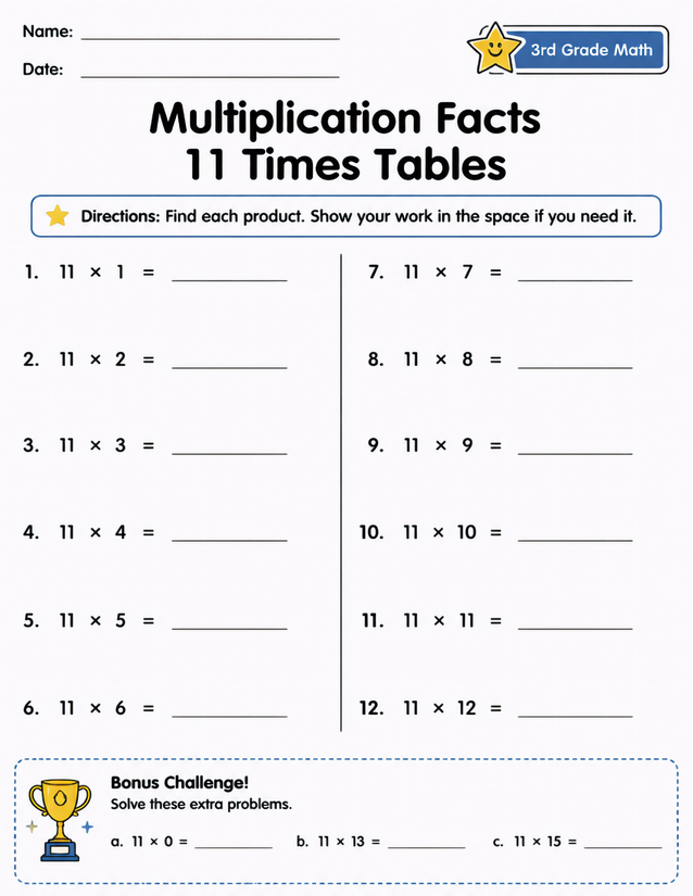 11 Times Tables Worksheet, Multiplication Facts 1, 12 Plus Bonus