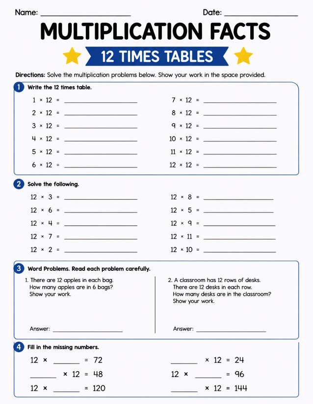 12 Times Tables Worksheet, Four Sections Including Word Problems
