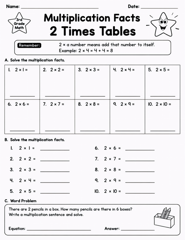 2 Times Tables Worksheet, Grade 3 Math Facts Practice