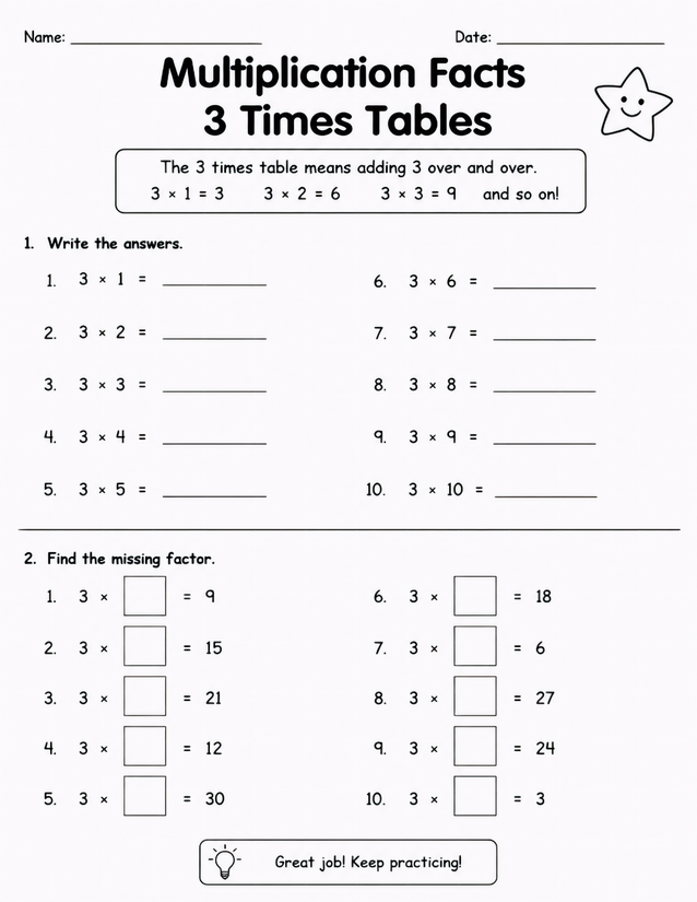 3 Times Tables Worksheet, Two-Section Multiplication Facts Practice