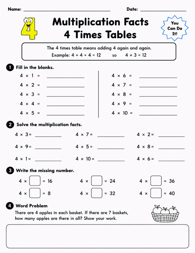 4 Times Tables Worksheet, Four Sections of Multiplying by 4