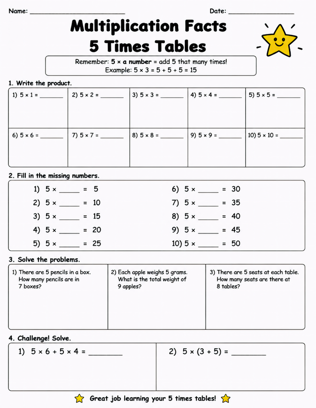 5 Times Tables Worksheet, Four Sections from Facts to Challenge