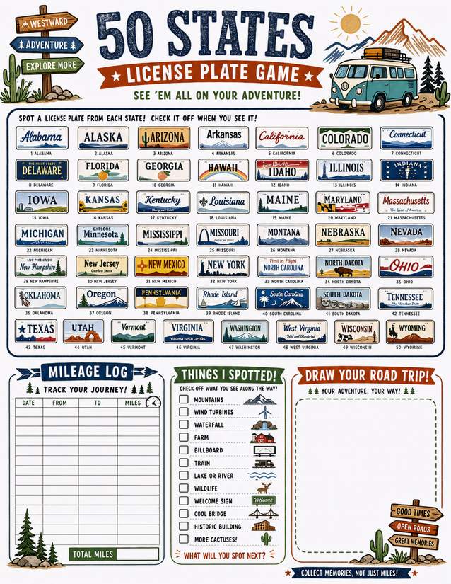 50 States License Plate Game Printable, Mileage Log and Spotter Checklist