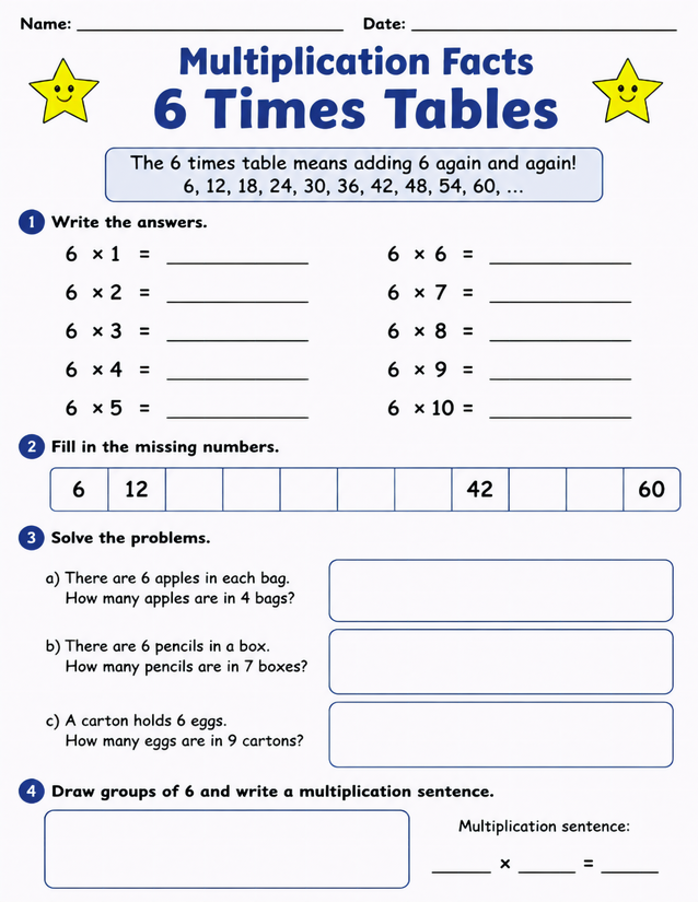 6 Times Tables Worksheet, Four Sections of Multiplication Facts Practice