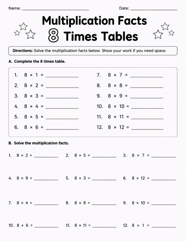 8 Times Tables Worksheet, Multiplication Facts 1 Through 12