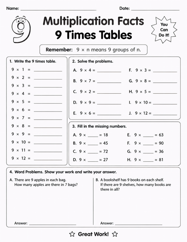 9 Times Tables Worksheet, Four-Section Practice
