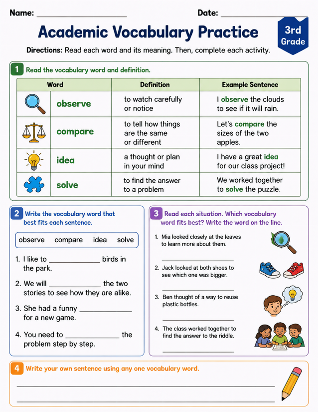Academic Vocabulary Practice Worksheet, 3rd Grade