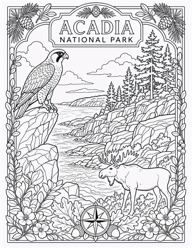 Acadia National Park Coloring Page, Peregrine Falcon and Moose