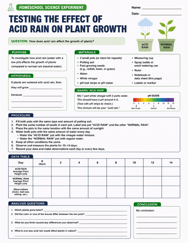 Testing the Effect of Acid Rain on Plant Growth, Data Table Included