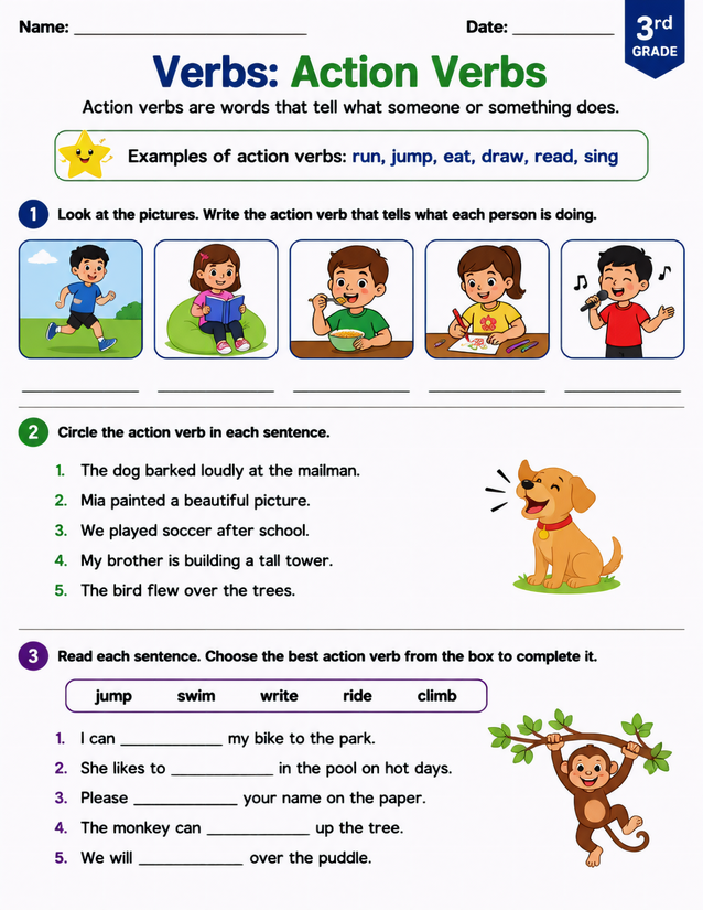 Action Verbs Worksheet, 3rd Grade Run Jump Sing Activities