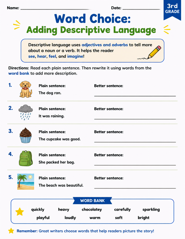 Adding Descriptive Language Worksheet, Word Choice Practice