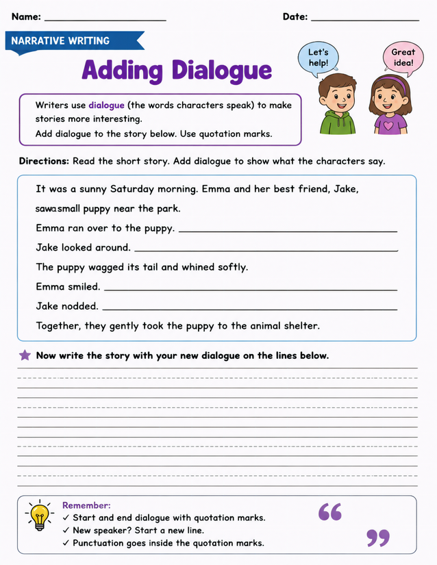 Adding Dialogue Worksheet, Narrative Writing Practice
