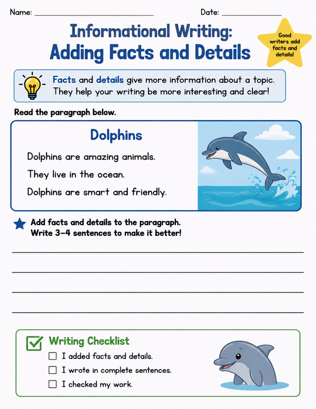 Informational Writing Adding Facts and Details Worksheet, Dolphins Theme