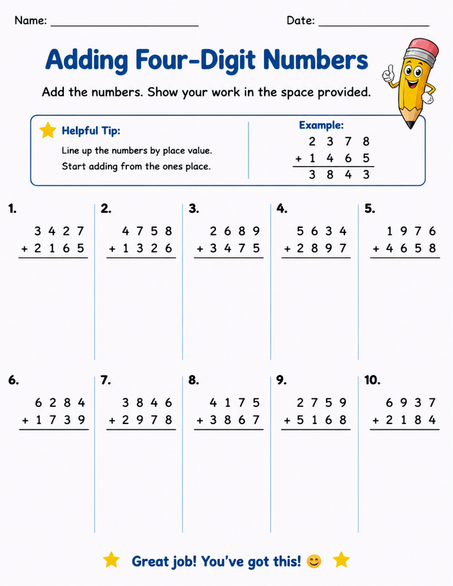 Adding Four-Digit Numbers Worksheet, Ten Vertical Problems