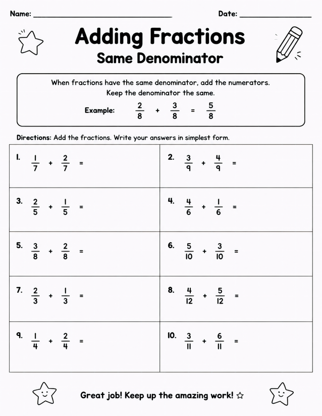 Adding Fractions Same Denominator Worksheet, 10 Problems