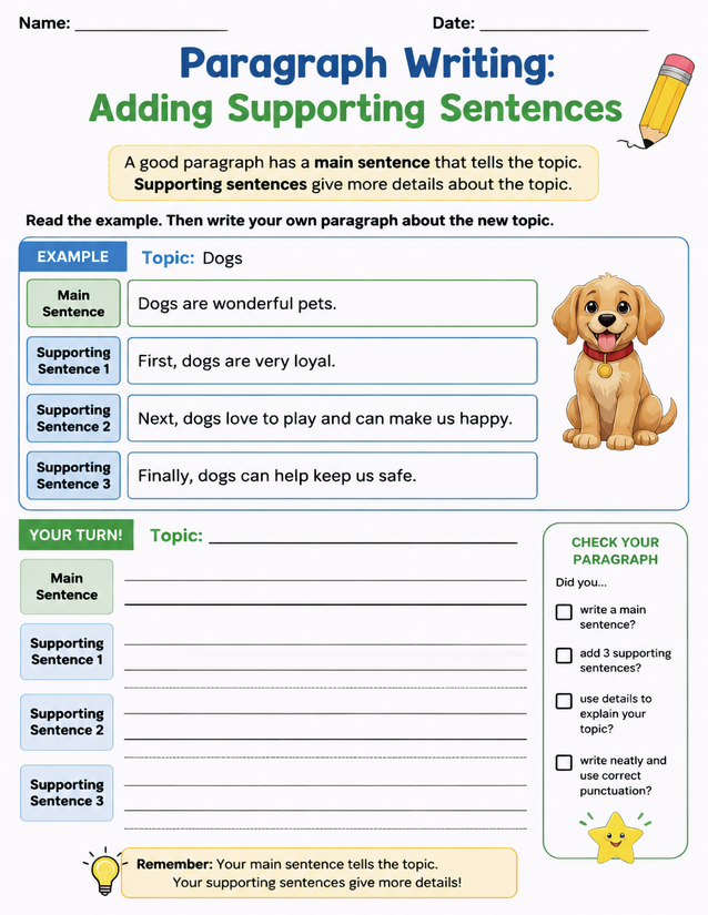 Adding Supporting Sentences Worksheet, Guided Paragraph Practice