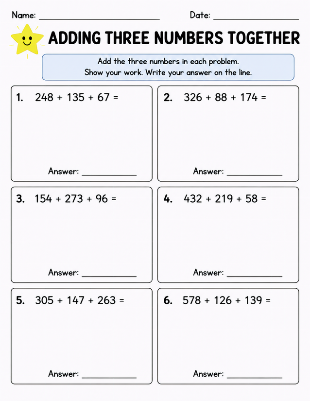 Adding Three Numbers Together Worksheet, Three-Digit Problems