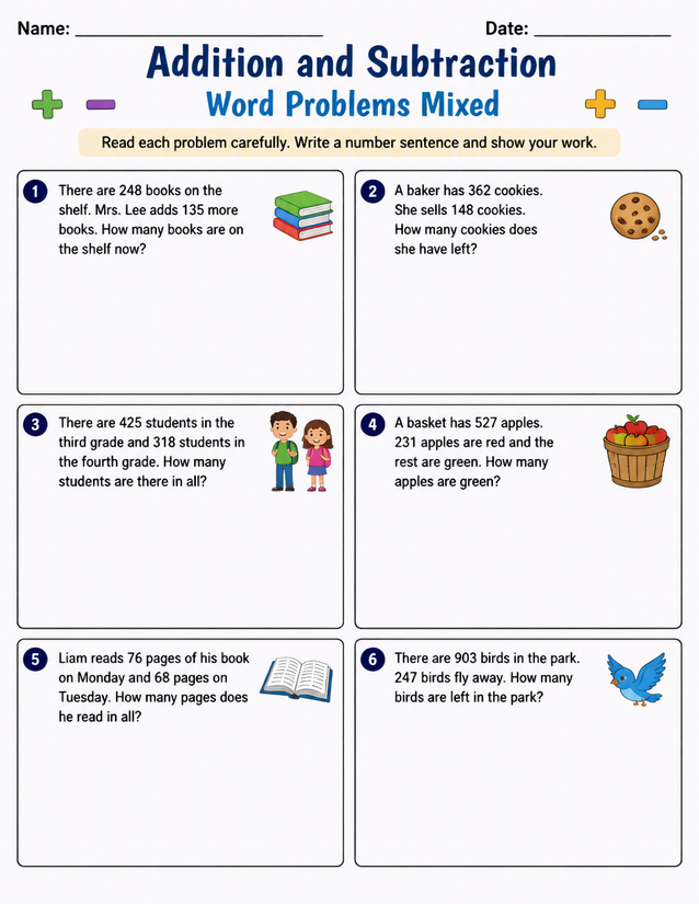 Addition and Subtraction Word Problems Mixed, Six Real-World Scenarios