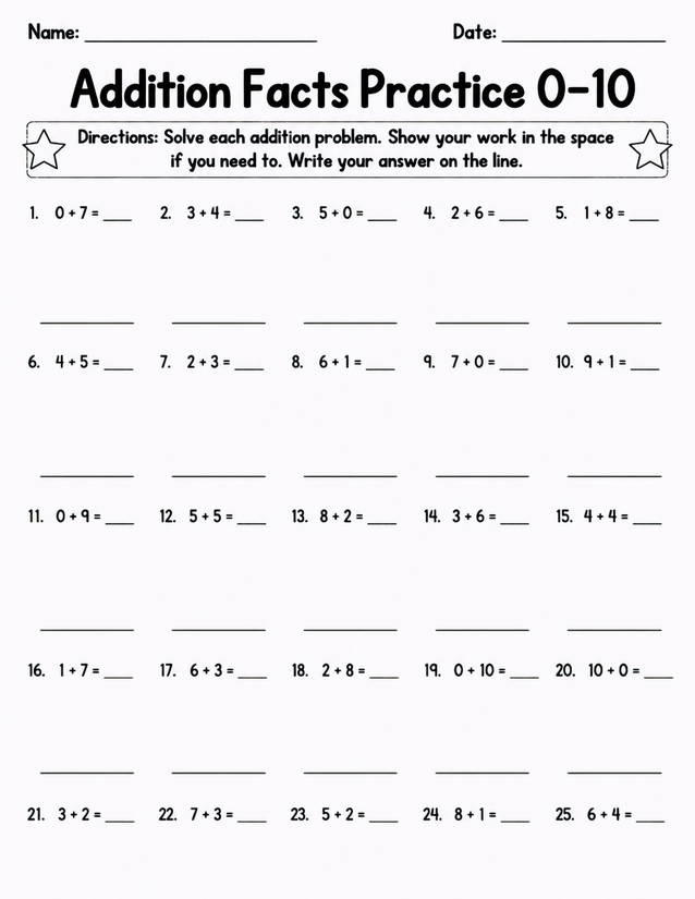 Addition Facts Practice 0-10, 25 Problems