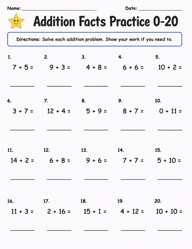 Addition Facts Practice 0-20 Worksheet, 20 Problems