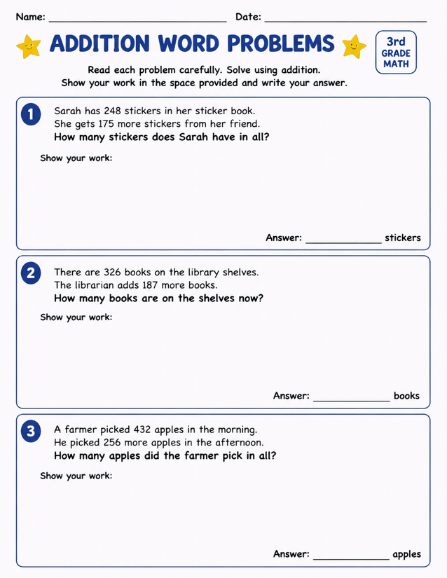 Addition Word Problems 3rd Grade Math Worksheet