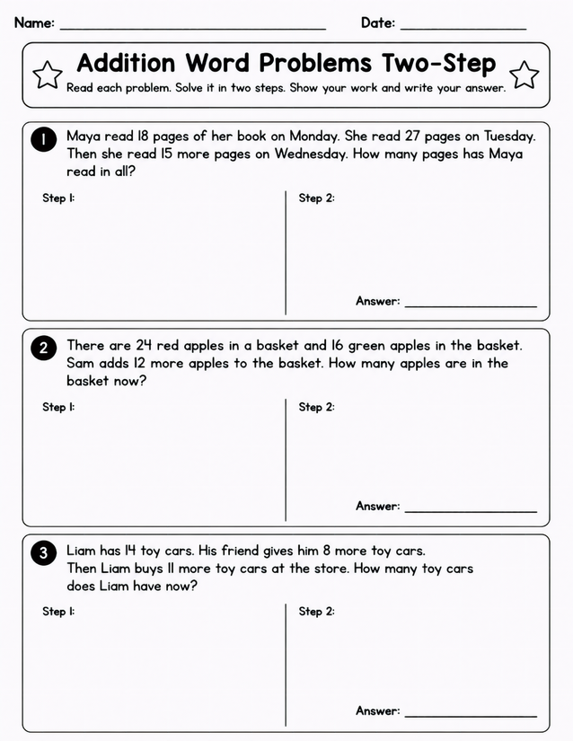 Addition Word Problems Two-Step, Three Scenarios