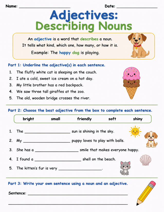 Adjectives Describing Nouns Worksheet, Three-Part Practice
