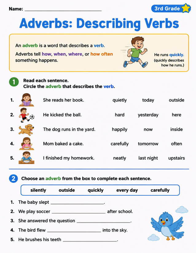 Adverbs Describing Verbs Worksheet, 3rd Grade