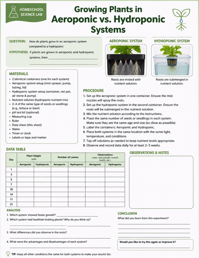 Aeroponic vs Hydroponic Systems Lab Sheet, Side-by-Side Plant Growth