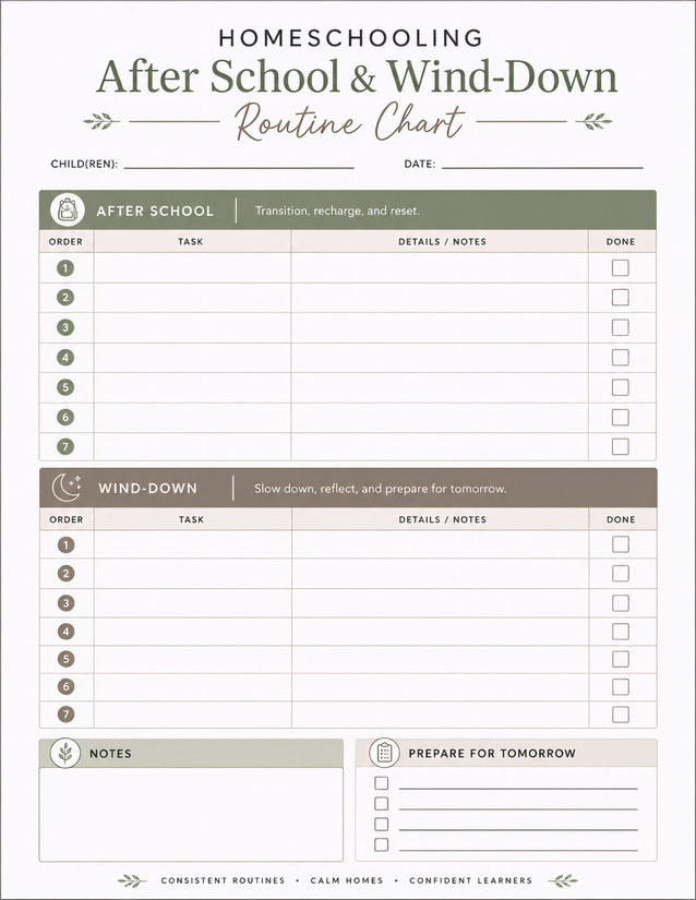 After School Wind-Down Routine Chart, Two Sections and Prep Checklist