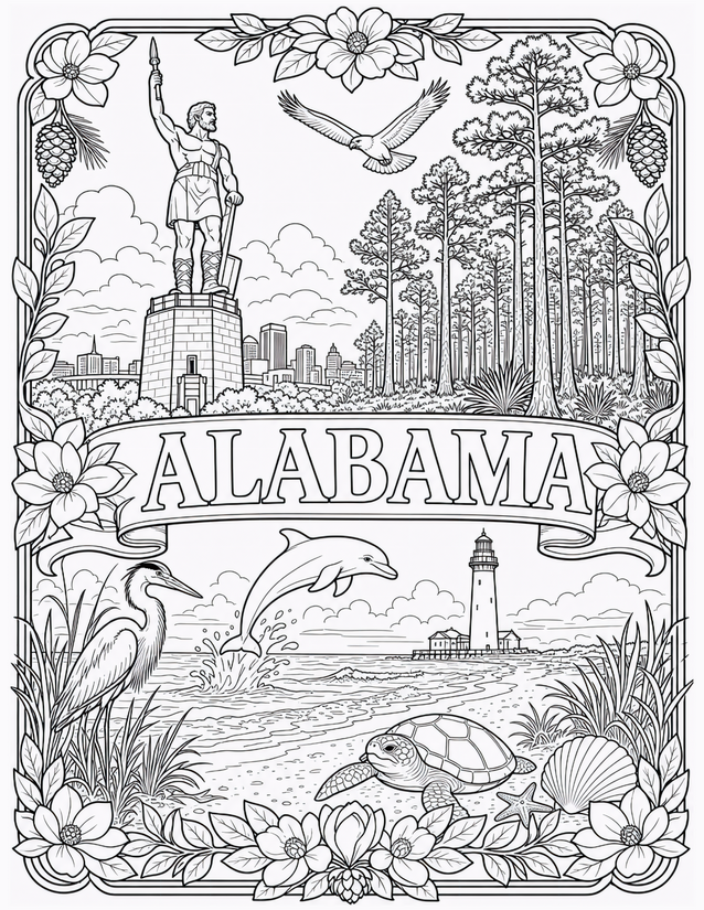 Alabama Coloring Page, Vulcan Statue to Gulf Coast Shore