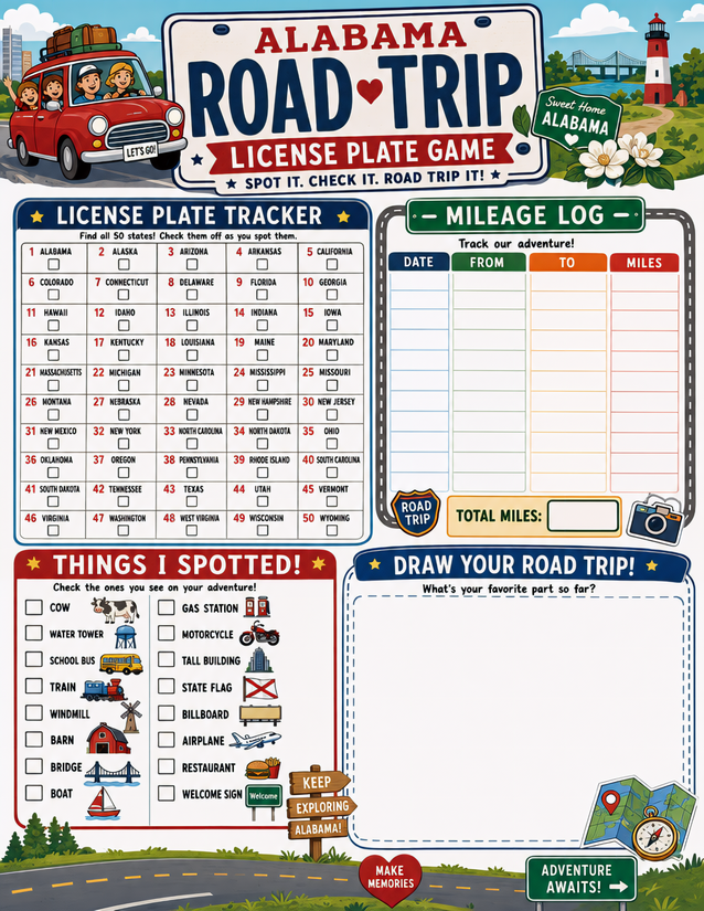 Alabama License Plate Game Printable, Four Sections on One Sheet