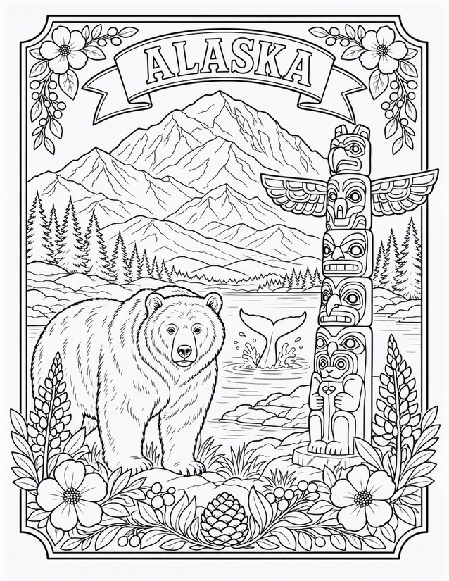 Alaska Coloring Page, Bear, Totem Pole, and Whale Tail