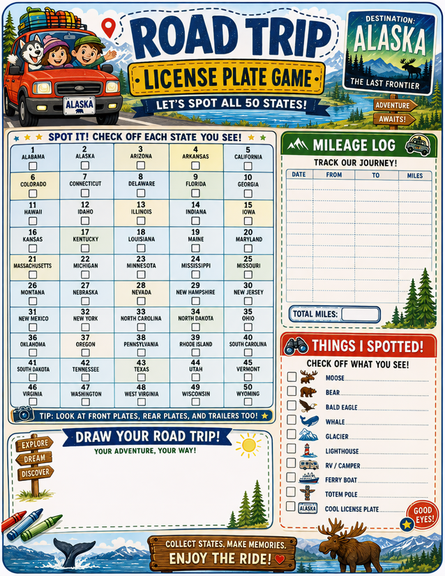 Alaska License Plate Game Printable, All 50 States Plus Mileage Log