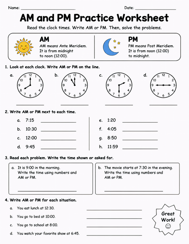 AM and PM Practice Worksheet, Reading Clocks and Times
