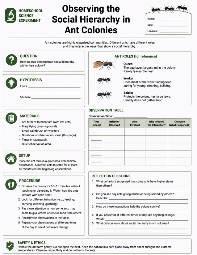 Ant Colony Social Hierarchy Lab Sheet, Queen Worker Soldier Roles