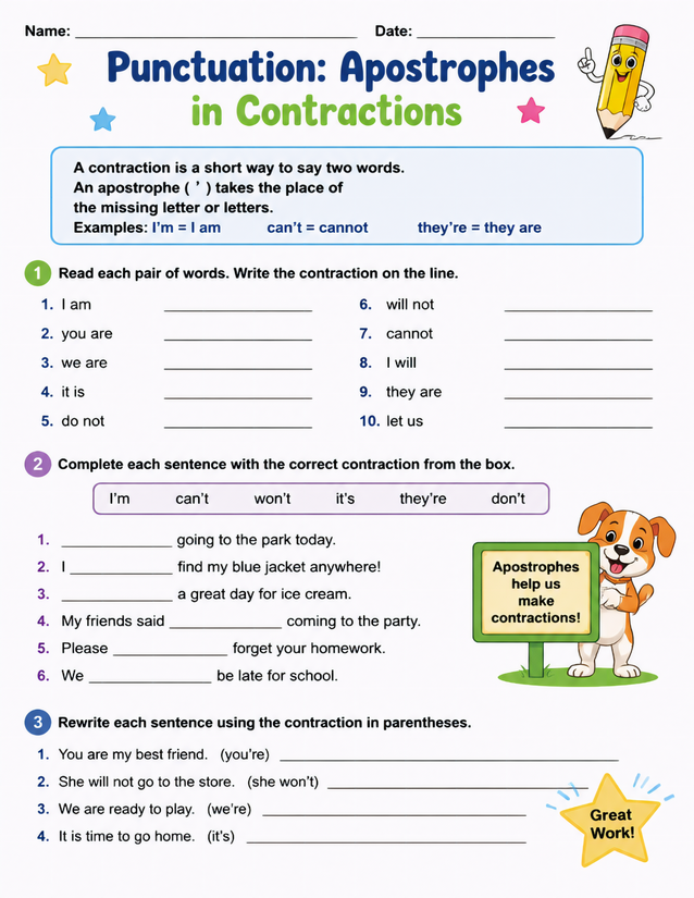 Apostrophes in Contractions Worksheet, Three Exercise Sections
