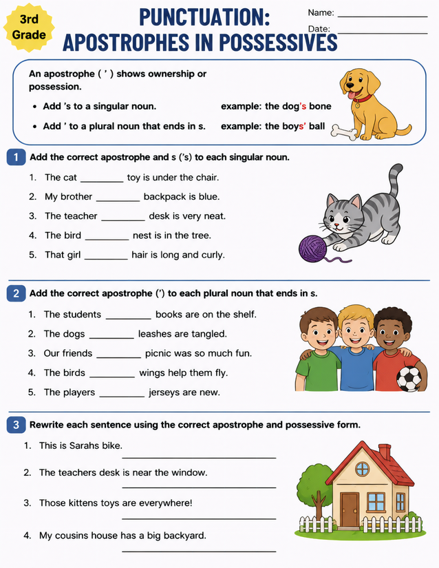 Apostrophes in Possessives Worksheet, 3rd Grade
