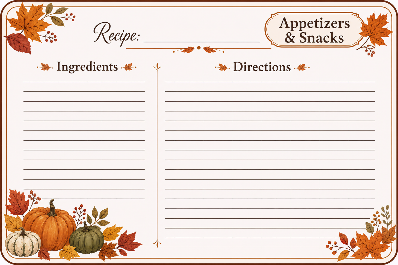 Appetizers and Snacks Recipe Card, Autumn Pumpkin and Leaf Border