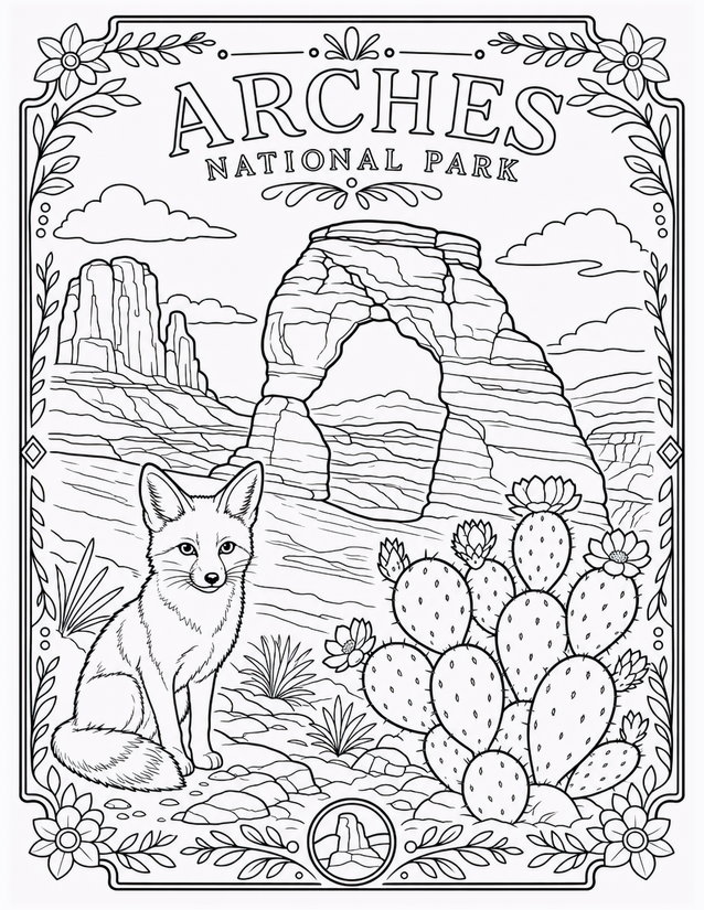 Arches National Park Coloring Page, Fox and Delicate Arch