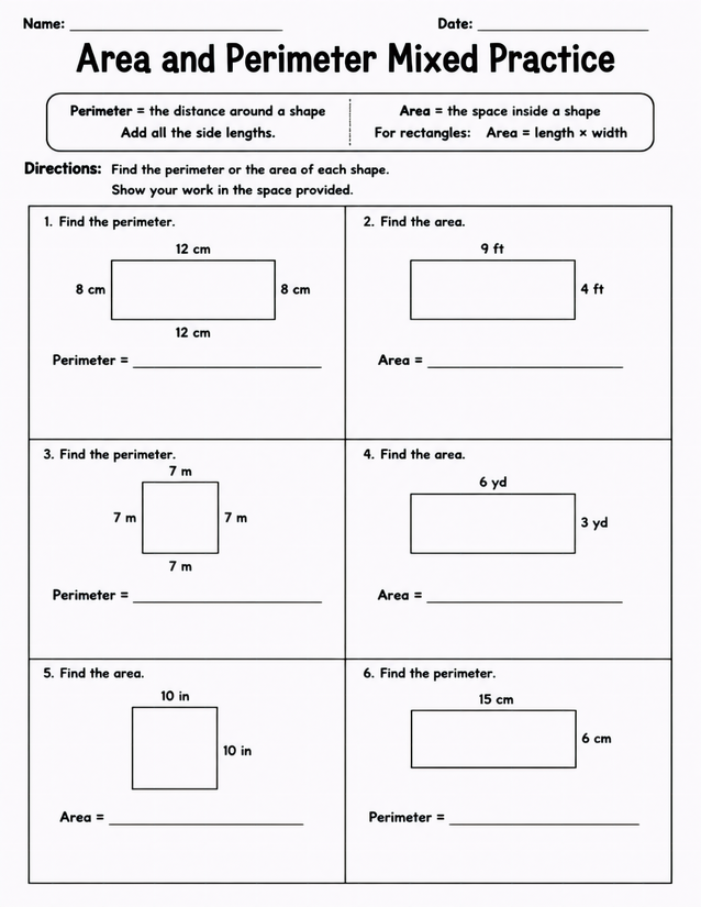 Area and Perimeter Mixed Practice, Six Rectangle Problems