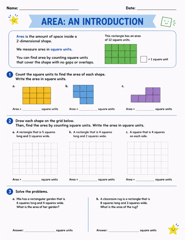 Area Introduction Worksheet, Counting Square Units