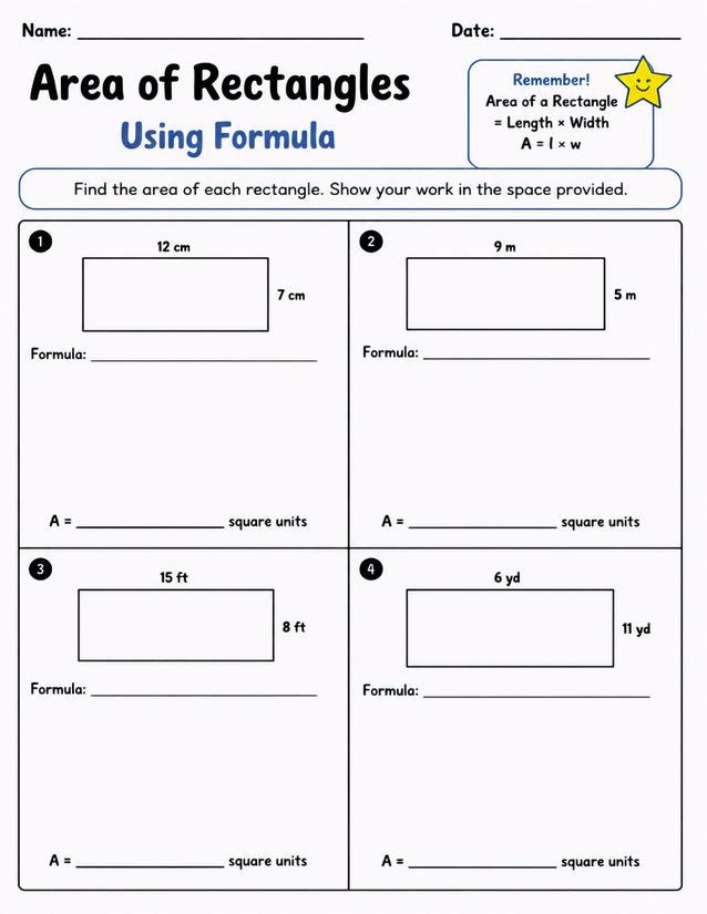 Area of Rectangles Using Formula Worksheet, Four Problems