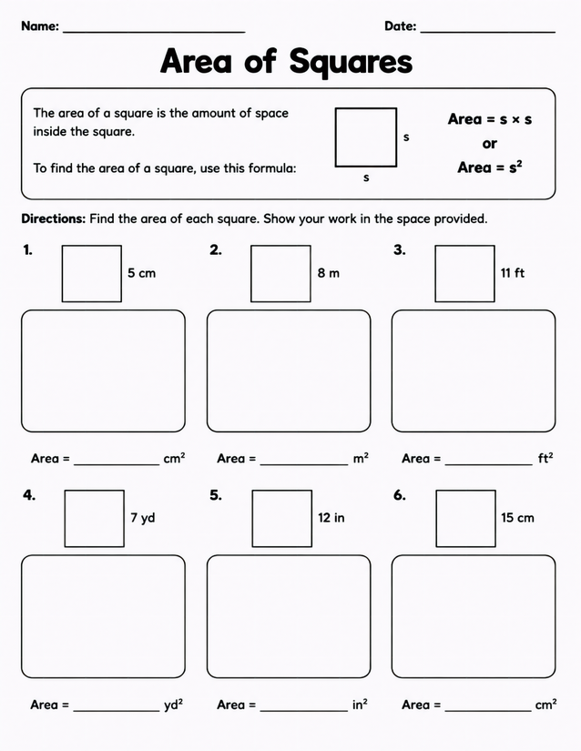Area of Squares Worksheet, Six Problems with Show-Your-Work Space