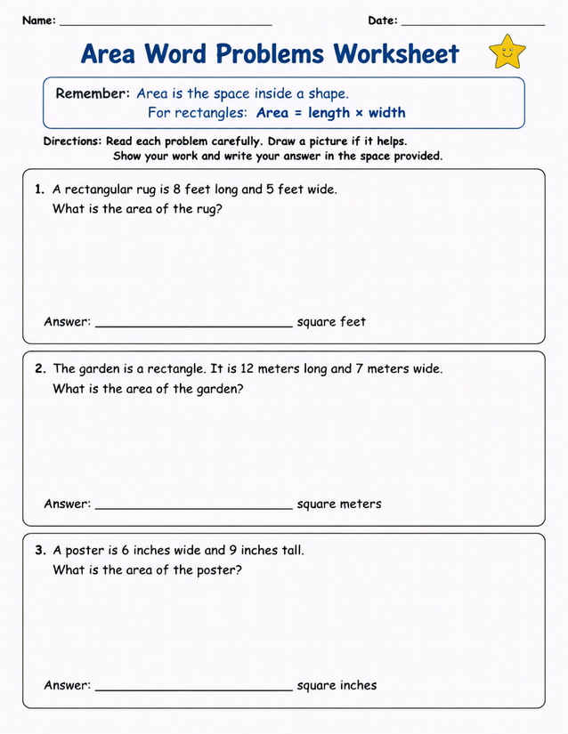 Area Word Problems Worksheet, Rectangles with Real-World Contexts